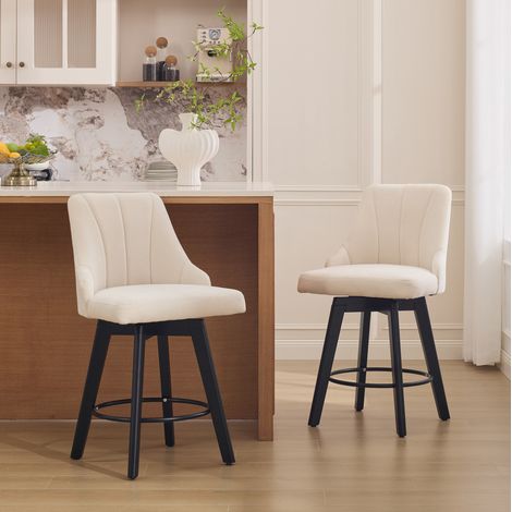 Taburete de bar de chenilla beige con respaldo, giratorio 360°, acolchado con reposapiés (1/5)