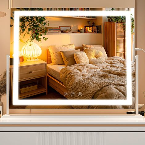 Miroir de beauté avec lumières, 55 x 45 cm Miroir de Maquillage LED avec grossissement 10x et 3 températures de Couleur, Miroir de Table à Commande Tactile, Rotation à 360°, Blanc (1/5)