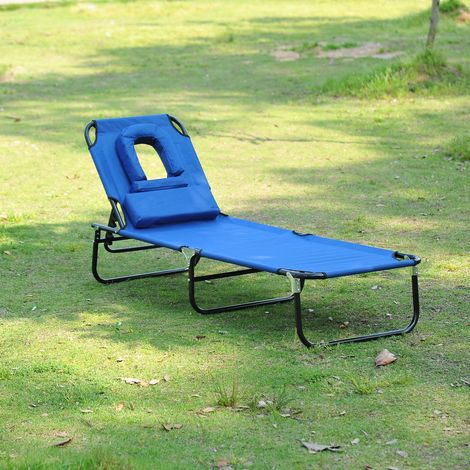 Sonnenliege aus Oxford-Gewebe Blau, klappbar, mit Leseloch, 4-fach verstellbarer Rückenlehne, 190x56x28 cm (1/5)