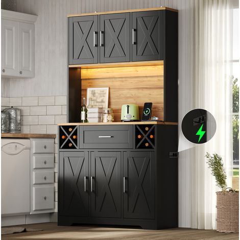 Credenza da cucina 105x40x180 cm, con illuminazione LED RGB, prese integrate, scaffali portabottiglie, MDF, naturale e nero (1/5)