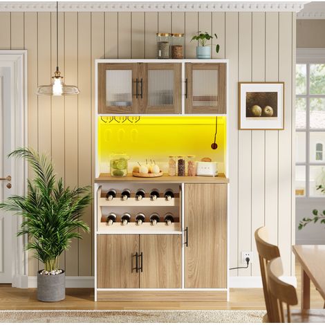 Mueble de cocina con LED, enchufes y botellero 100x40x180 cm blanco y natural DESVIAE (1/5)