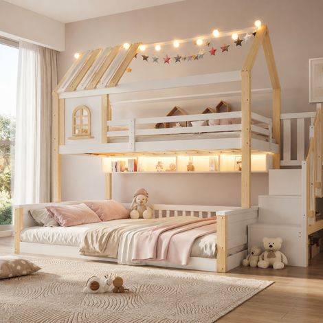 Lit Superposé Cabane 90x200 + 140x200 cm avec LED, Fenêtre, Niches Ouvertes, Échelle Rangement, sans Matelas, Blanc/Naturel