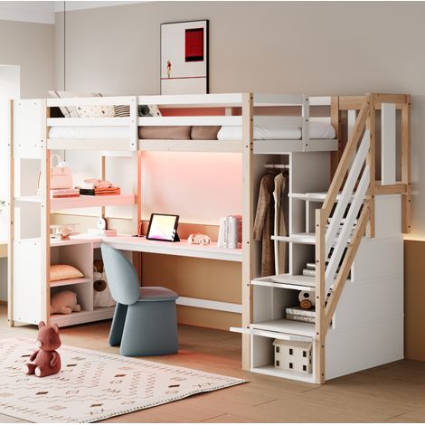 Lit mezzanine 90 x 200 cm en bois blanc avec bureau, armoire, LED et rangements intégrés (1/5)