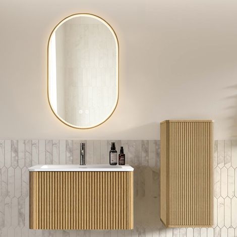 Badmöbel-Set 80 cm mit Waschbecken, LED-Spiegel und Seitenschrank, wandhängend, Eichefarbe, MODENUIT (1/2)