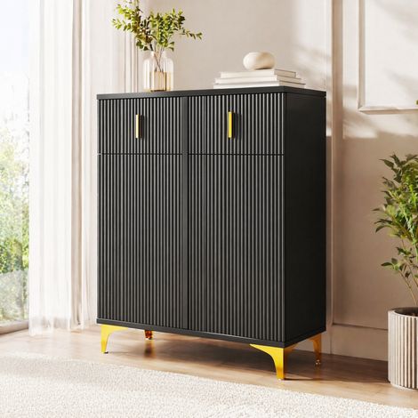 Buffet 83x35x101 cm en panneaux de bois noir, avec rangement moderne pour salon FLORAGRACE (1/5)