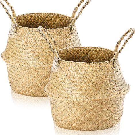 Lot de 2 pot de fleur interieur panier osier tissés en jonc de mer avec poignée,pot de fleur corbeille a linge panier de rangement rond pour étagères (XXXL 45 × 36 cm) (1/5)