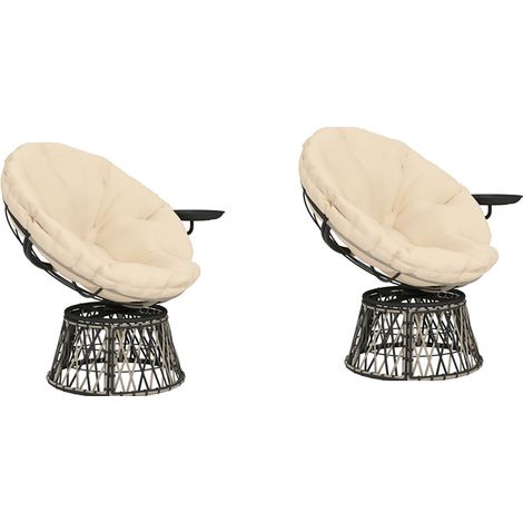 2er-Set papasansessel Rattan 360° drehbar Korbsessel mit Kissen Durchmesser 90 cm runder Outdoor Rattansessel Drehsessel Loungesessel Liegesessel für Wohnzimmer Garten Balkon Beige