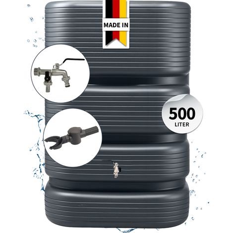 4rain QUADRO Regentonne Wandtank Komplett-Set 500 Liter, graphite grey inkl. Chrom-Doppelauslaufhahn und Fallrohranschluss (1/5)