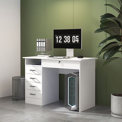 Moderner Schreibtisch mit 5 Schubladen, großer Arbeitsfläche, 1 offenem Fach, abschließbarer Schublade, 110 x 50 x 76 cm, weiß