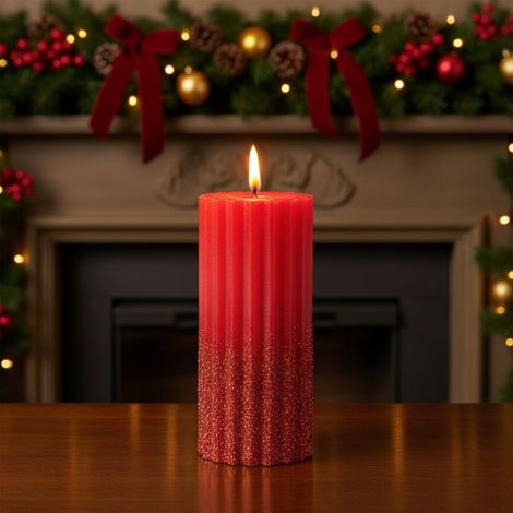 Candela decorativa in cera rigata con Glitter colore rosso Natale -Piccolo (1/5)