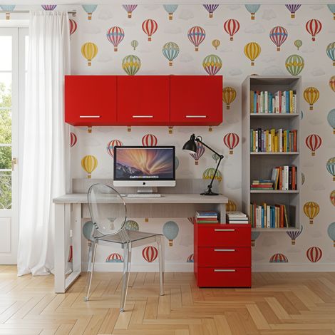 Angolo libreria design con cubotti e cassettiera - Soluzione moderna e salvaspazio - Rovere Rock e Rosso