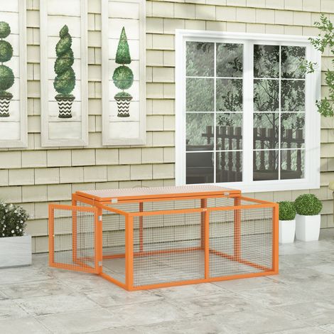 Parc extérieur pliable pour 2-3 rongeurs, bois et métal, 110x105x50 cm, couleur orange, avec multiples entrées (1/5)