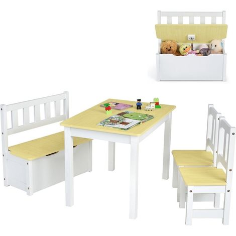 Set tavolo e sedia da 4 pezzi per bambini set 2 in 1 in legno per bambini naturale bianco