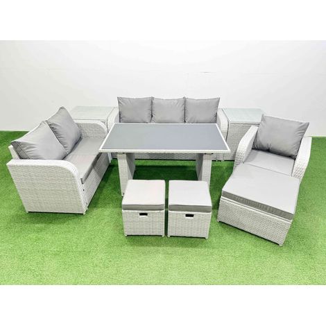Fimous Rattan Outdoor Table Reclining Chair Sofa Set with 2 Side Tables 3 Stools Light Grey 9 Seater (1/4)