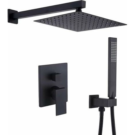 Colonne de douche encastrée, Ensemble de Douche Encastré, Douche Encastrable Set Chromé, Kit Douche Encastrable avec Tête de Douche Carrée 25x25cm- Laiton&Acier Inoxydable - noir