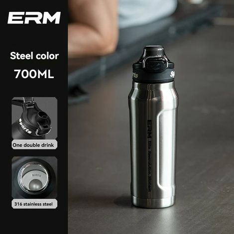 (Argent, 700 ml) Bouteille d'eau isotherme pour boissons chaudes et froides, en acier inoxydable à double paroi, avec poignée de transport, adaptée au sport et aux activités de plein air. (1/4)