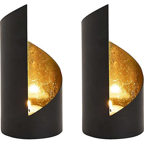 Lot de 2 Photophores Bougeoirs Cylindriques en Métal Noir Mat et Intérieur Doré Ø 8 x H 18 cm - PANGIVO (1/5)