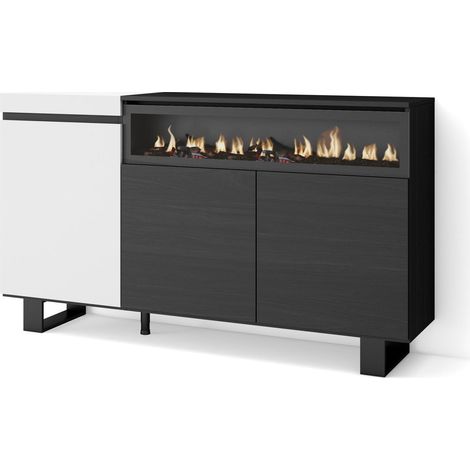 Skraut Home - Aparadores para salón, Gran capacidad de almacenaje, 150x87x35cm, 3 Puertas, Chimenea eléctrica, Diseño industrial, Estilo Moderno, Blanco y negro (1/5)