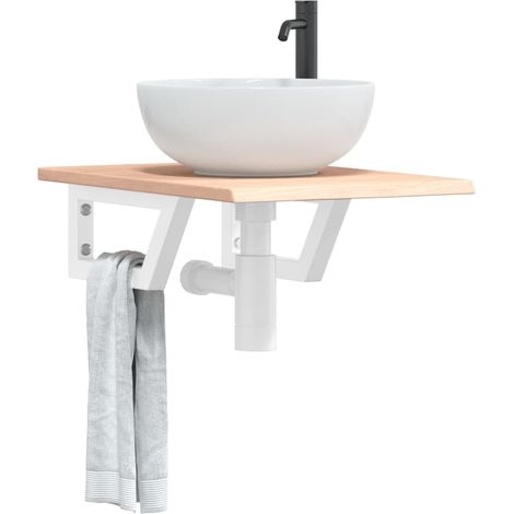 Estante de lavabo de pared de acero y madera maciza de roble