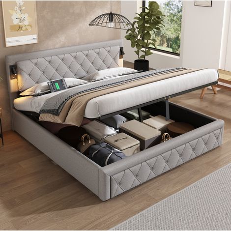 REDOM - Lit double 180x200 cm avec rangement, éclairage LED et ports USB, tête de lit capitonnée à motif losange, lin gris (1/5)