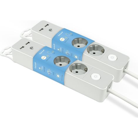 Garza - Confezione da 2 multiprese design grigio con interruttore, 3 prese + 2 USB, cavo 1,4 m, spina piatta, blocco di sicurezza per bambini