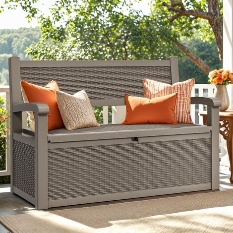 Banc de rangement verrouillable - 265 l - Résistant aux intempéries - Pour coussins, outils et fournitures de piscine - Marron clair (1/5)