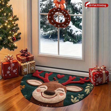 Tapis de Noël mignon avec un renne souriant - Semi-circulaire en peluche antidérapant, vert doux avec motif de feuilles rouges et de rennes bruns, Machi (1/5)