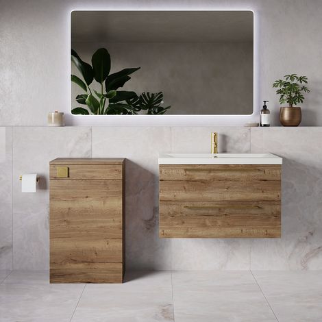 Napoli 390 Tobacco Oak 1300mm Wall Mounted 2 Drawer Vanity Unit and Toilet Suite with Glide Basin - 1300mm - Brushed Brass 480mm HandleWithout Kingston Toilet Pan