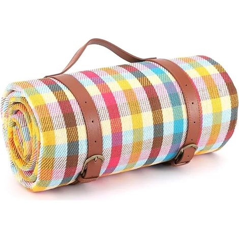Coperta da picnic extra-large, 200 cm x 200 cm, impermeabile e pieghevole, con cinghie per il trasporto, adatta per la spiaggia, il campeggio e il prato - a righe. (1/2)