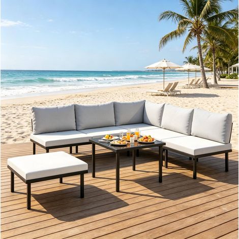 Salon de jardin modulable 116x60,5x64 cm en métal noir et gris, moderne pour terrasse FloraGrace (1/5)