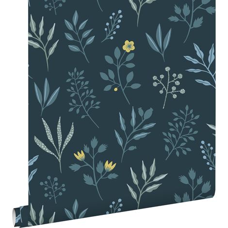 papier peint fleurs au style scandinave bleu foncé et jaune ocre - ESTAhome (1/5)