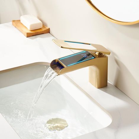 Robinet Lavabo Cascade, RF0266 Moderne Mitigeur Lavabo, Affichage numérique LED, 59A Laiton Mitigeur de Salle de Bain, Poignée Unique Robinet Salle de Bain, Anticorrosion (1/5)