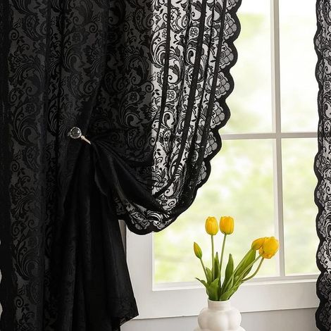 Elegant Sheer Floral Lace Curtains, Vintage Gothic Style, for Halloween, Witch/Gothic Bedroom Decoration, 140 x 160 cm (W x L), Black (1/5)