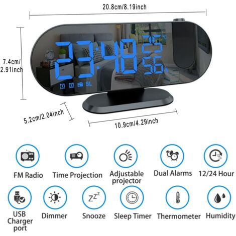 Sveglia Proiettore con Radio, Orologio Digitale, USB, Doppio Allarme e Schermo LED Riflettente, Funzione Snooze, 180° Orientabile, 4 Livelli di Luminosità, 12/24 Ore (1/4)
