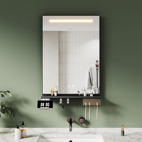 SIRHONA 50×70cm Miroir lumineux de salle de bain avec étagère de rangement, antibuée, éclairage 3 couleurs, éclairage réglable, bande lumineuse supérieure
