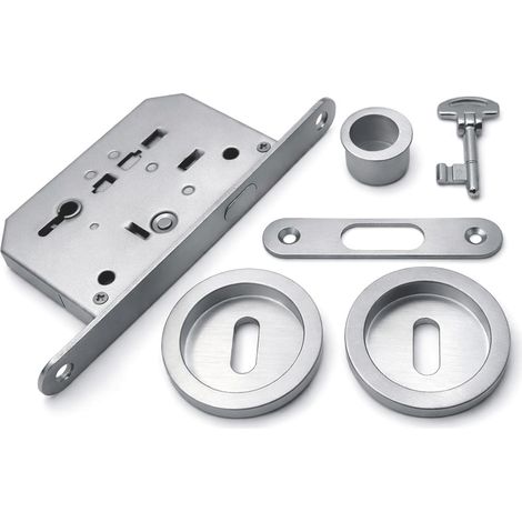 KIT SERRATURA TONDO CON CHIAVE PER PORTE SCORREVOLI col. Cromo satinato
