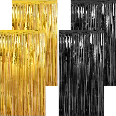 4 Rideau à franges, Plastique brillant, Noir et Or, 1x2m, Décoration fête, Mariage, Anniversaire (1/5)