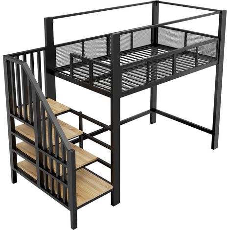 Letto a soppalco 90x200 cm in metallo con baldacchino, scala contenitore e spazio studio, nero (1/5)