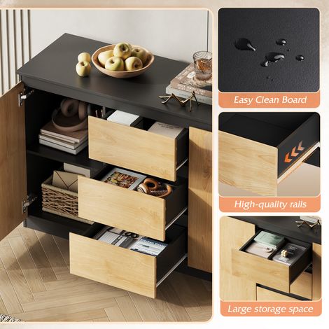 Chest of Drawers with 3 Drawers, Cabinet with 2 Door 4 Shelvses, Modern Storage Unit, for Living Room, Bedroom, Hallway, (Black + Oak, 2 Door 3 Drawer) (1/5)