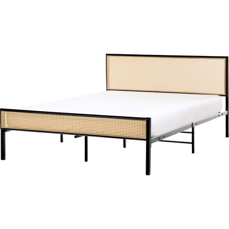 Cama moderna de hierro con somier de láminas ratán sintético trenza vienesa cabecero negro 140 x 200 cm Avanton