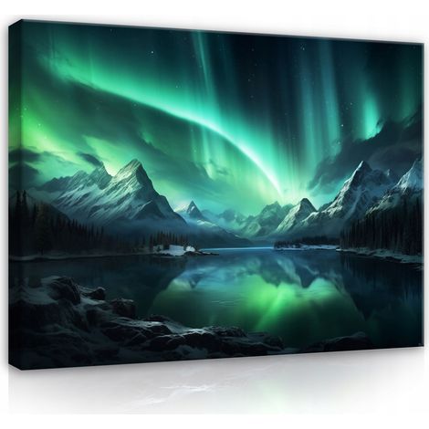 Peinture aurora montagnes turquoise nature sur toile mur chambre salon 120x80 (1/3)