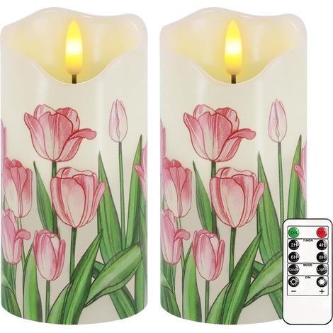Ensemble de 2 bougies sans flamme, bougies LED tulipe vacillantes de 6"x3" avec télécommande et minuterie, bougies pilier électriques en cire réelle dimmables, fonctionnant sur batterie, cadeau d'anni (1/5)