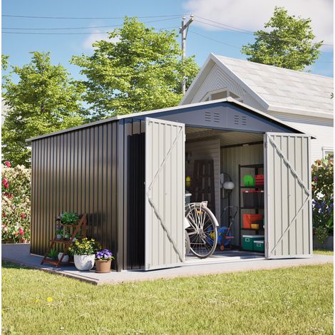 Abri de jardin 300x252x191 cm acier galvanisé anthracite, double porte, rangement jardin – MEUBLIV (1/5)