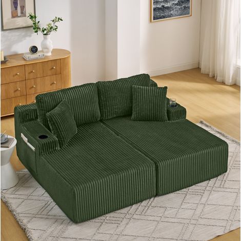 Canapé relax convertible 2 places vert en mousse avec poches latérales, porte-gobelet et coussins amovibles (1/5)