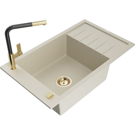 Mexen Elias évier en granit 1 bac avec égouttoir et robinet de cuisine Flora, beige - 6511-69-670401-57-G (1/5)