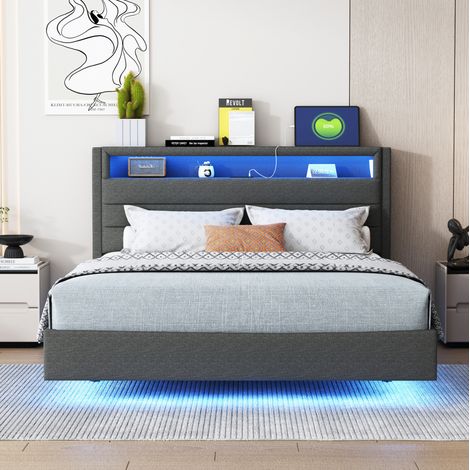 Letto adulti 140x200 cm con porta USB e lampada LED, piede del letto nascosto, in lino, senza materasso, grigio (1/5)