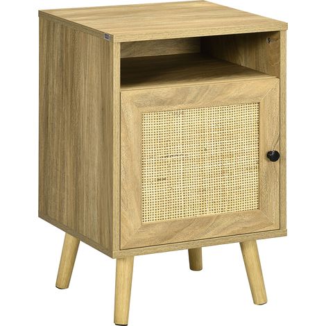 Natural Bedside Table with Rattan Design,Storage Shelf and Cupboard,Compact 39x35x60cm Side Table for Bedroom