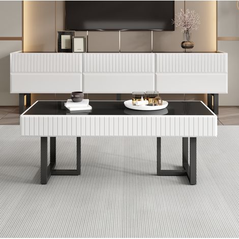 Ensemble table basse et meuble TV noir et blanc à rayures, MDF et panneau de particules (1/5)