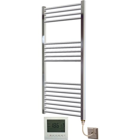 York Flat Chrome Electric Towel Rail 400 x 1000mm Towel Radiator + TIMER / ROOM THERMOSTAT (1/4)