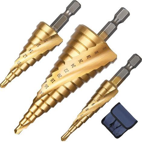 3PCS Foret Étagé Rainuré en Spirale, 4-12/20/32mm Fraise Meche Etage Metal Acier Rapide Revêtu de Titane HSS pour Percer dans Acier, Laiton, Bois (1/5)